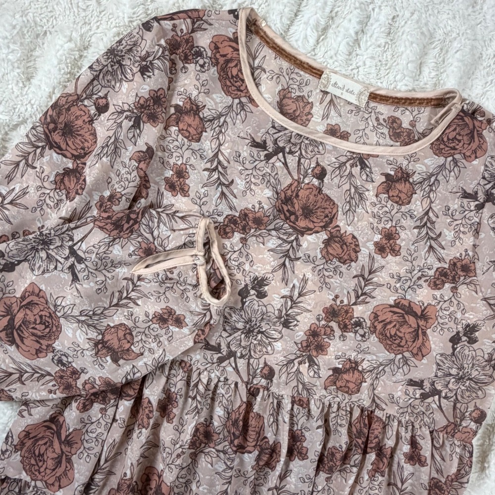 Altar'd State Womens Floral Tiered Babydoll Blouse Mauve Brown Long Sleeve S